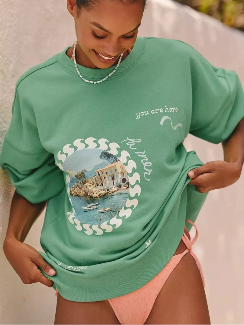 Anthropologie Celandine XXS/XS NEW Crew-Neck Graphic Sweatshirt Green Oversized